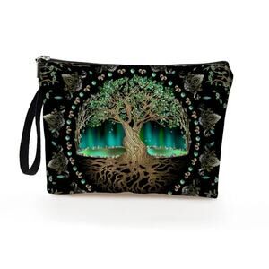 Tree of Life Cosmetic Bag Mystical Green Celestial Makeup Organizer Travel Pouch